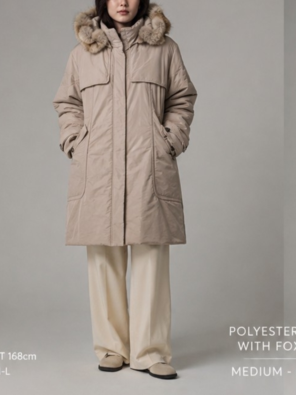 Women's Beige Parka Coat with Fur-Trim Hood